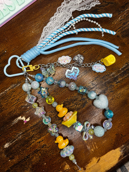 Dreamy Blue Beaded Bag Charm | Iridescent Duck & Bow Keychain $34