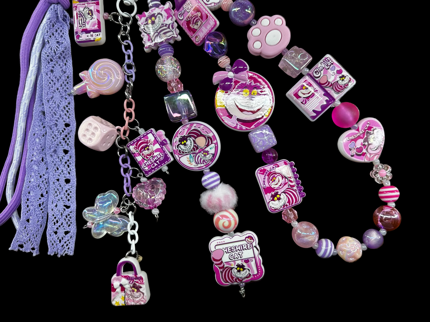 Cheshire Cat Inspired Deluxe Extra-Long Layered Purse Charm | Pink & Purple Beaded Bag Charm