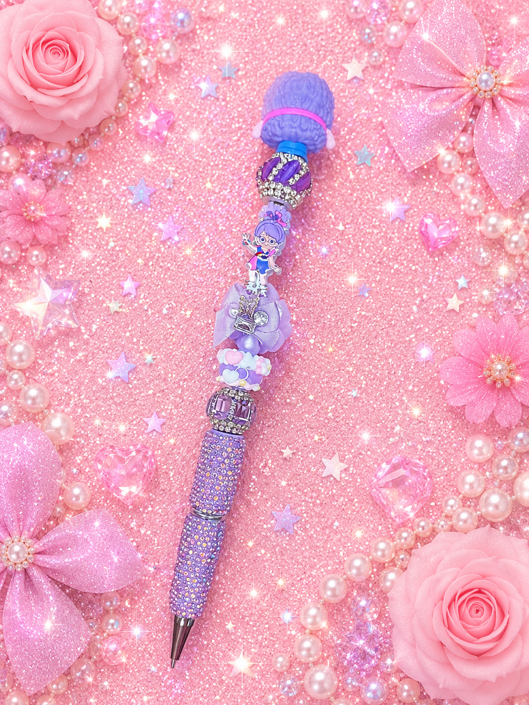 Shy Violet & IQ Sprite Rainbow Brite Rhinestone Beaded Pen | Purple 80s Nostalgia Pen