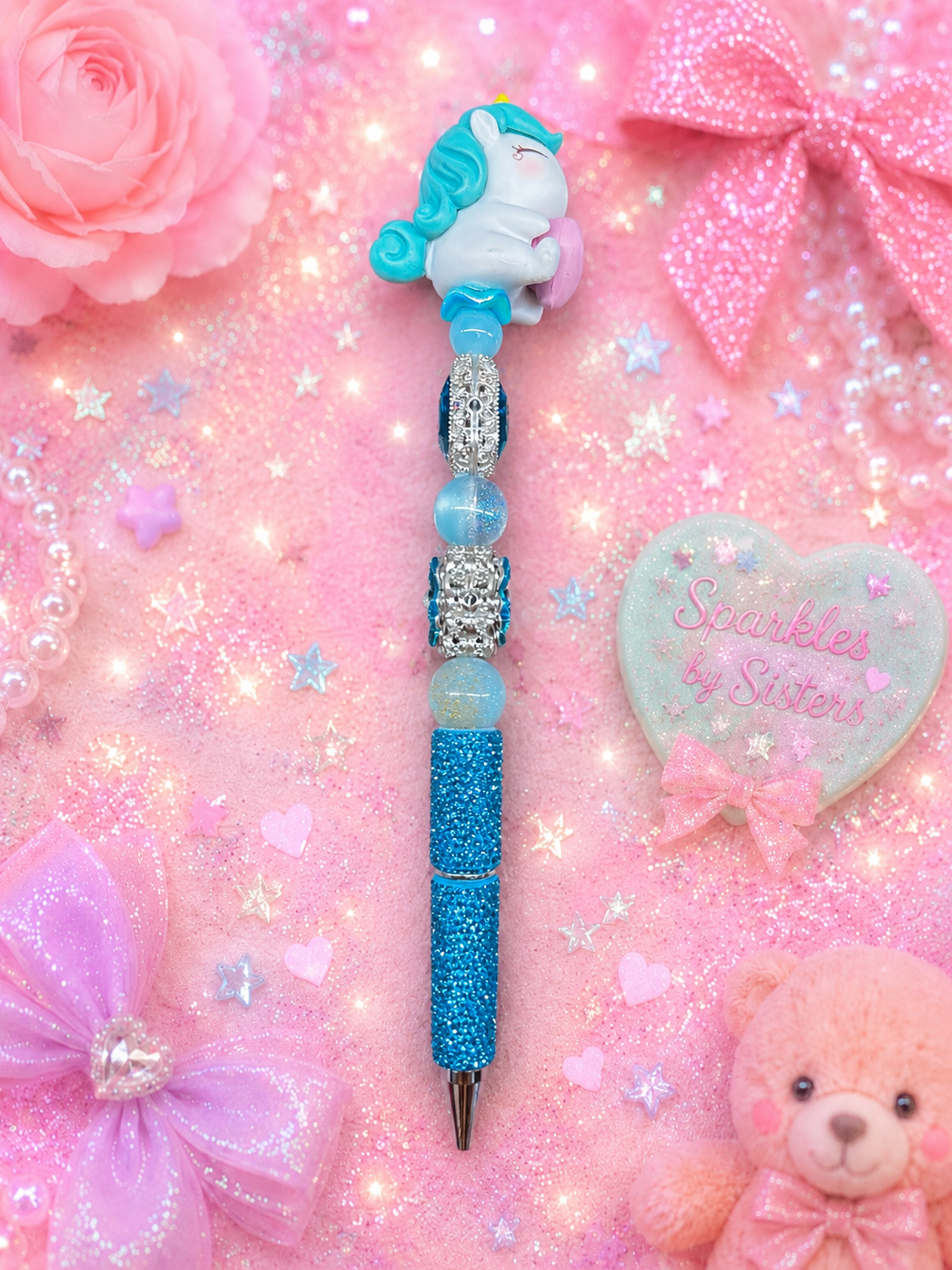 Sweet Heart Unicorn Luxury Beaded Pen | Blue Rhinestone Fantasy Pen