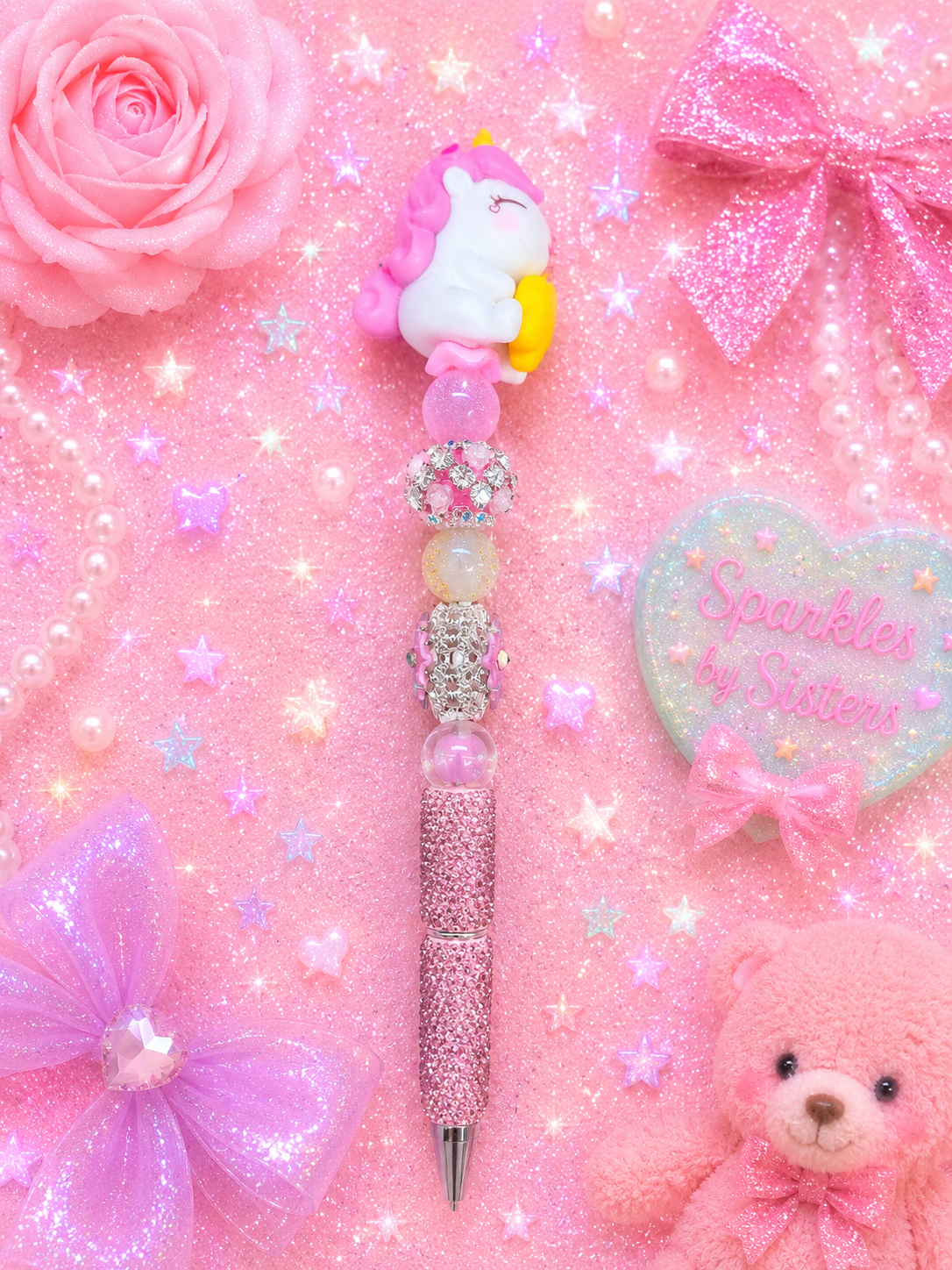 Pastel Star Unicorn Luxury Beaded Pen | Pink Rhinestone Fantasy Pen