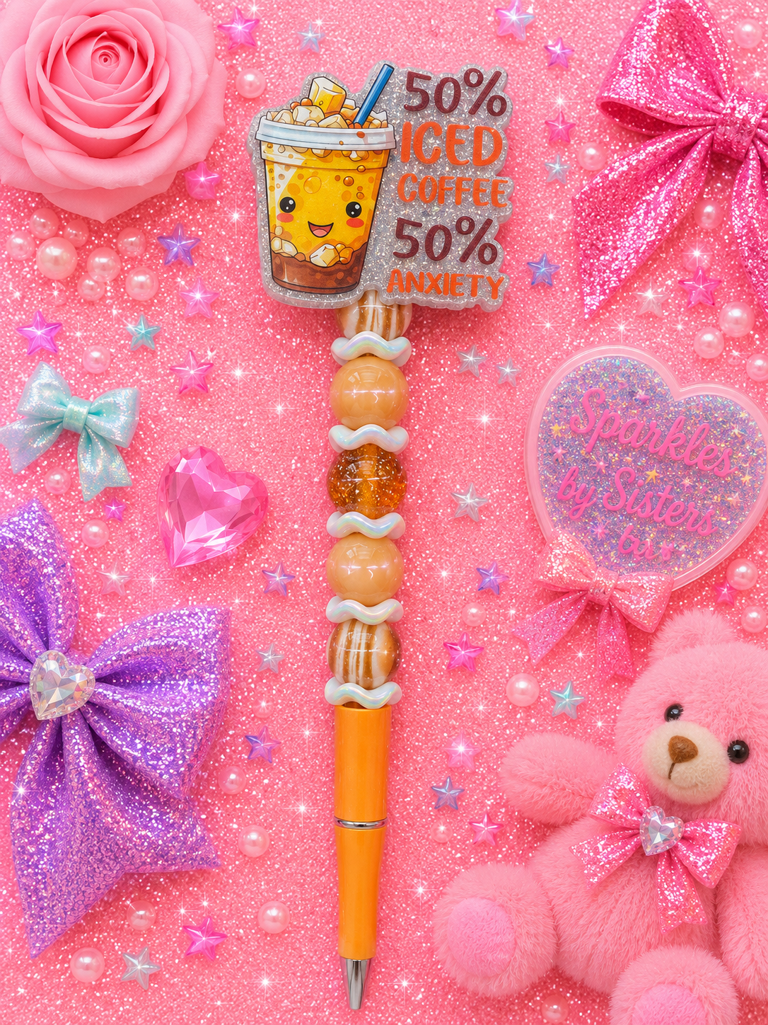 50% Iced Coffee, 50% Anxiety Survival Fuel Extended Beaded Pen π€π§‘β¨