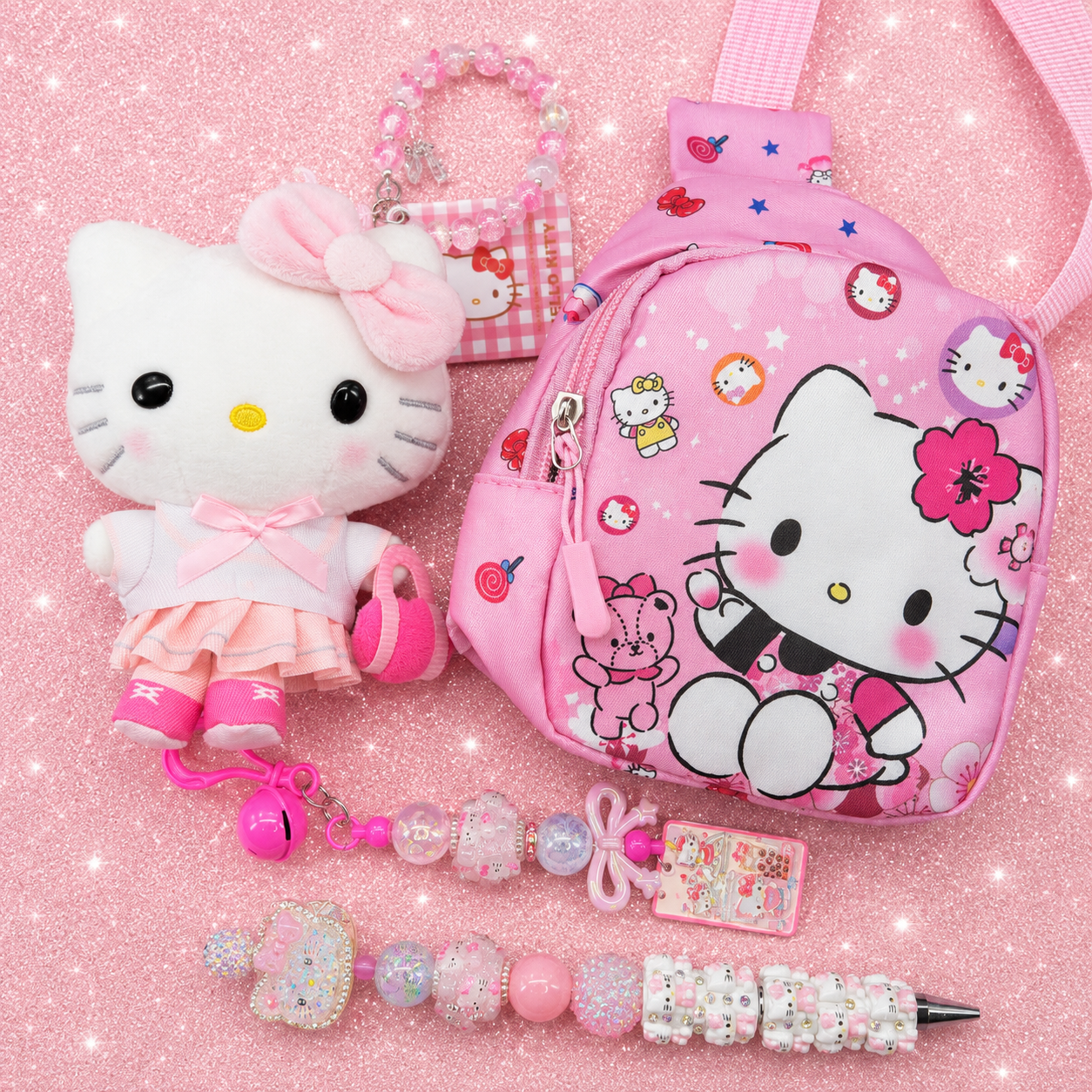 Hello Kitty Inspired Pink Gift Bundle | Mini Backpack, Plush, Handmade Beaded Pen & Matching Bracelet