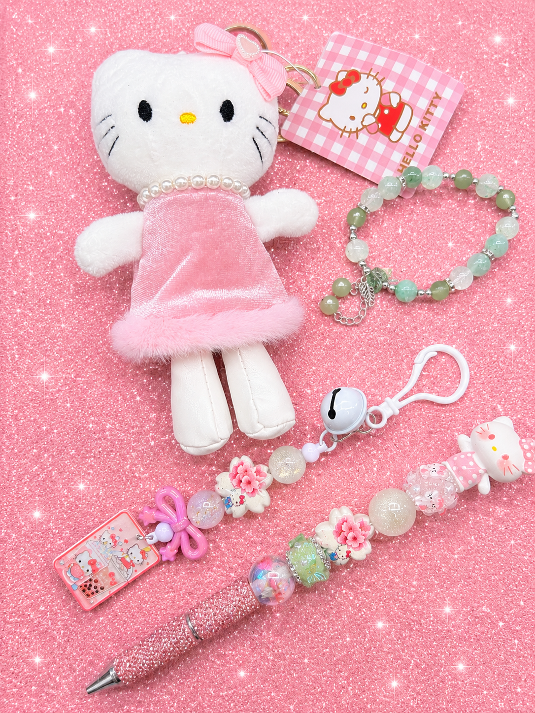 Luxury Hello Kitty Gift Bundle | Rhinestone Tumbler, Handmade Pen, Plush, Keychain & Bracelet