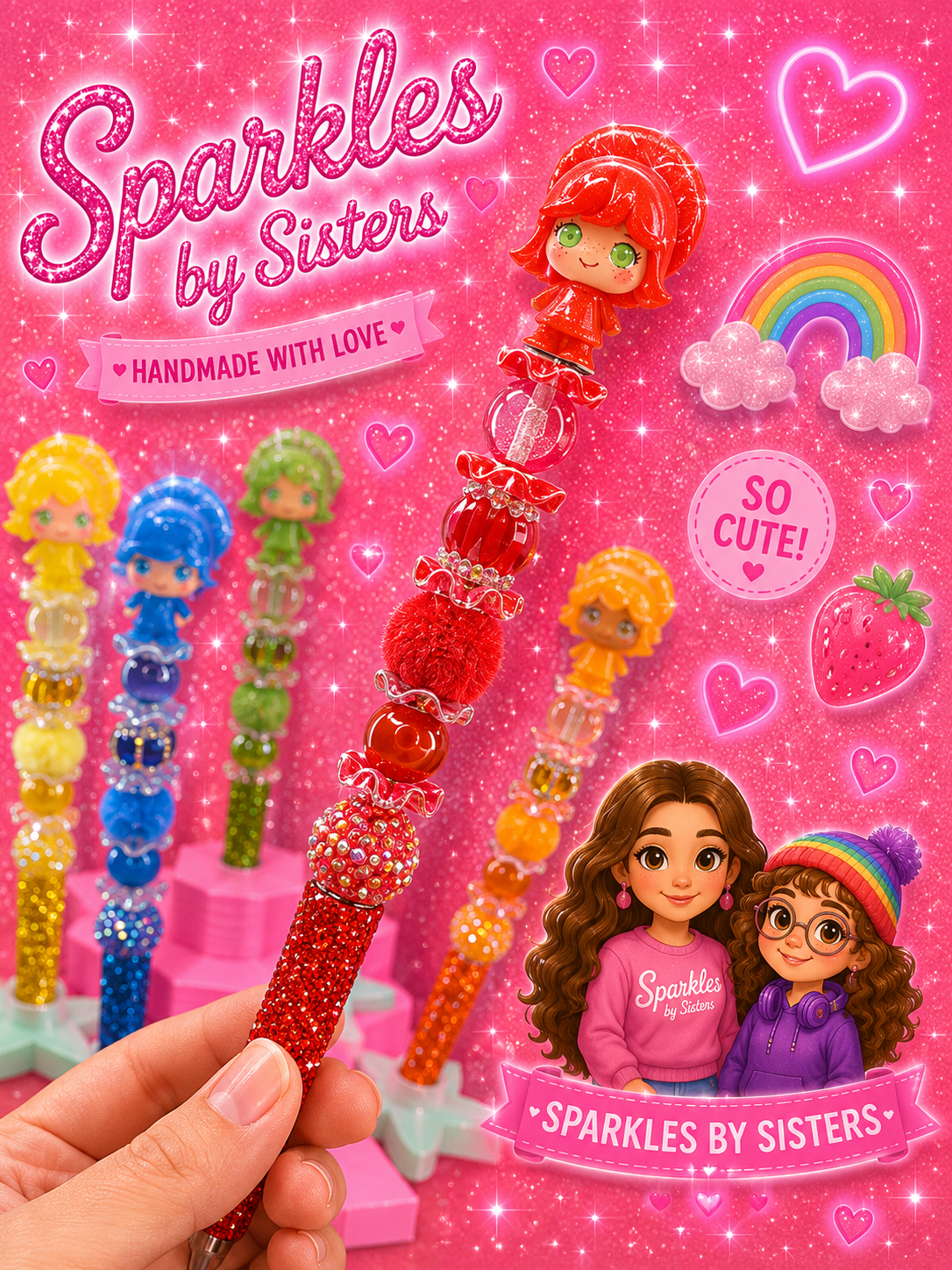 Strawberry Shortcake Inspired Rhinestone Beaded Pen | Handmade Collectible
