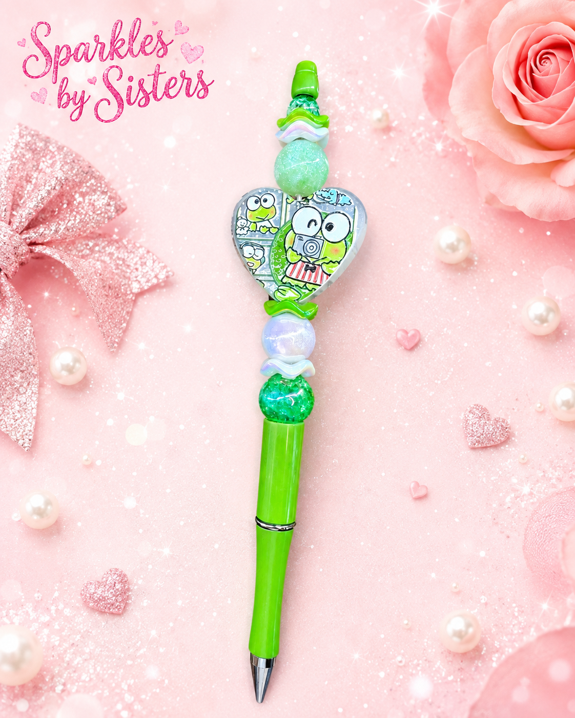 Keroppi-Inspired Heart Beaded Pen | Handmade Green Character Pen