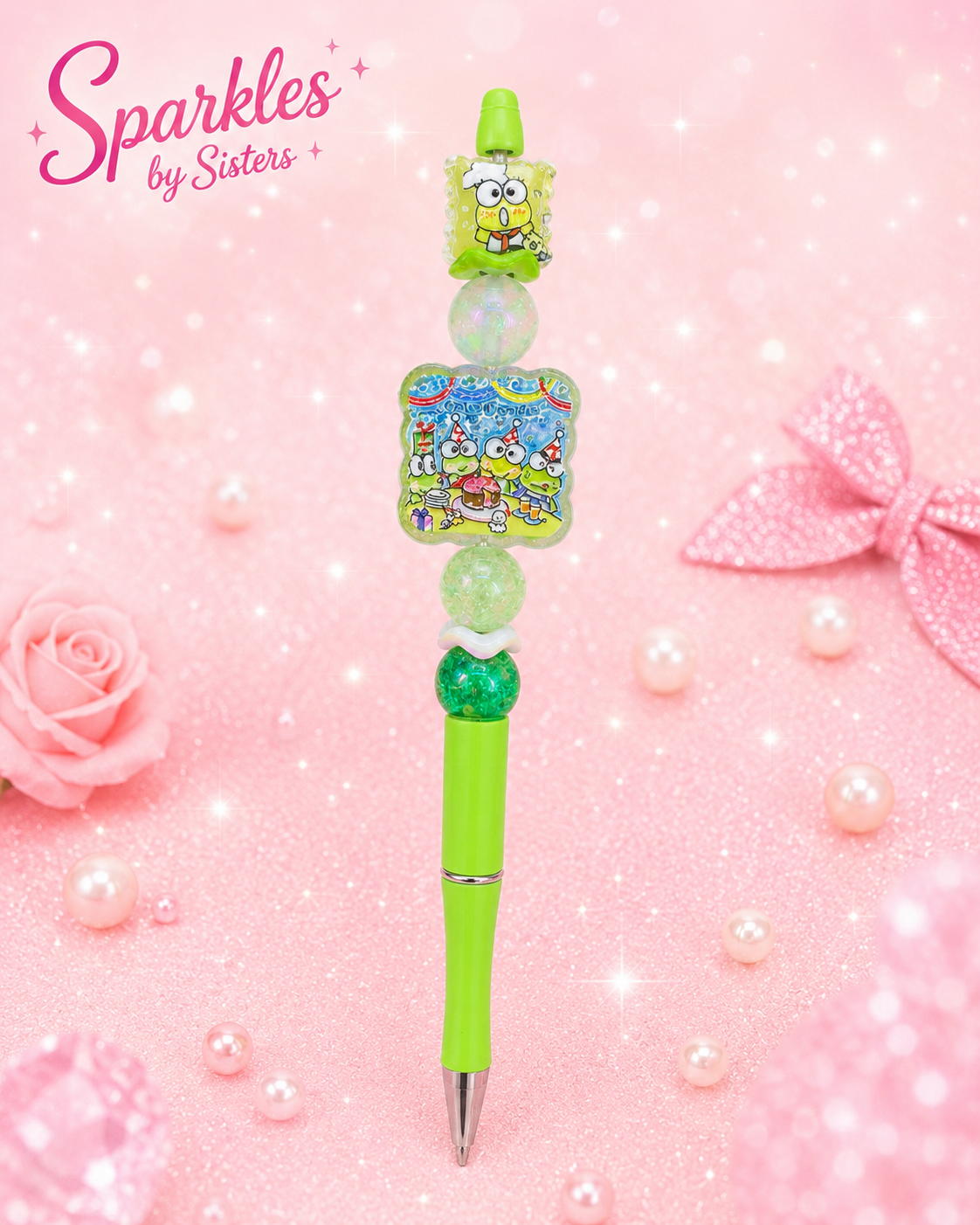 Keroppi-Inspired Beaded Pen | Handmade Green Character Pen