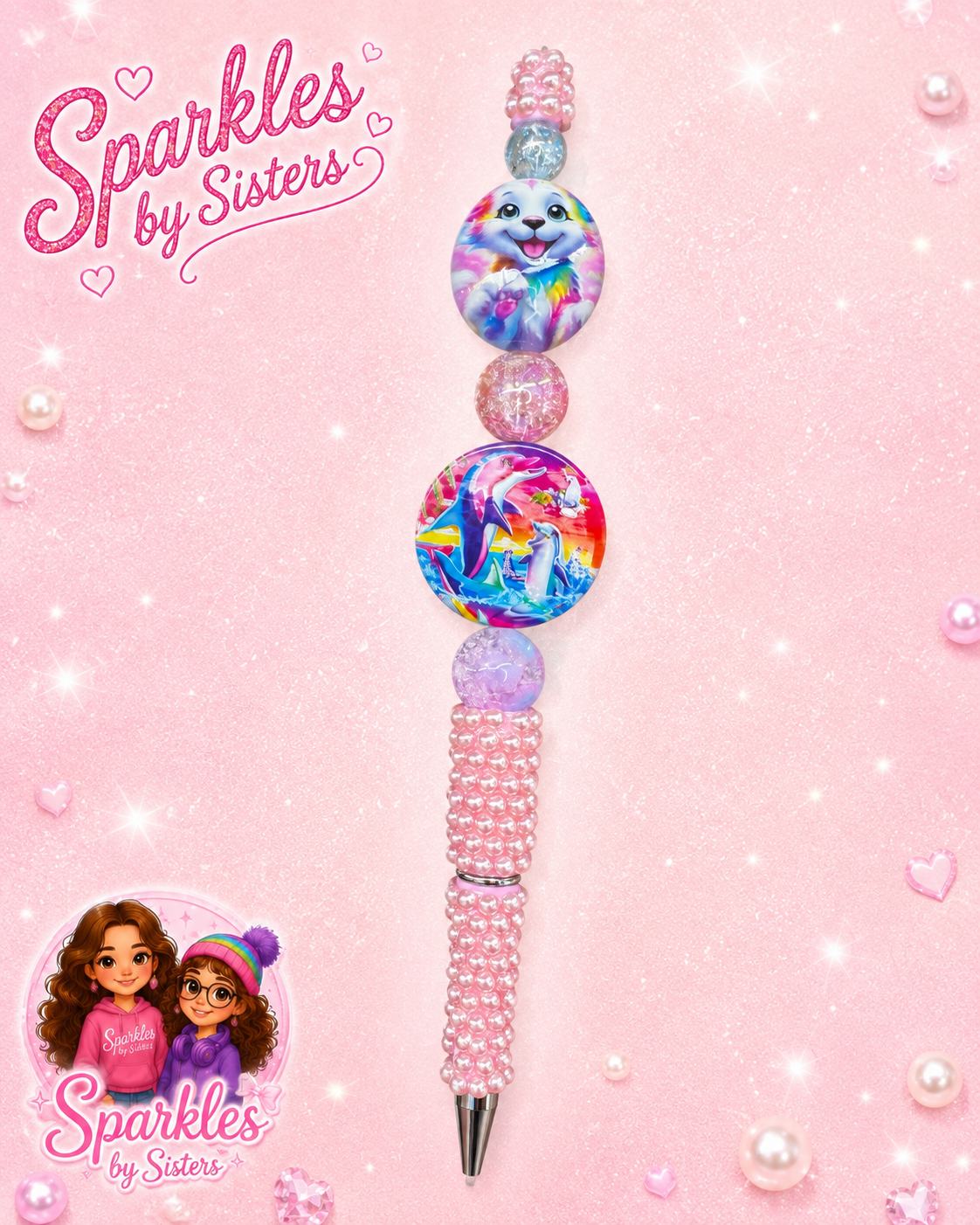 Lisa Frank-Inspired Rainbow Puppy & Dolphin Beaded Pen | Handmade Pearl Pen