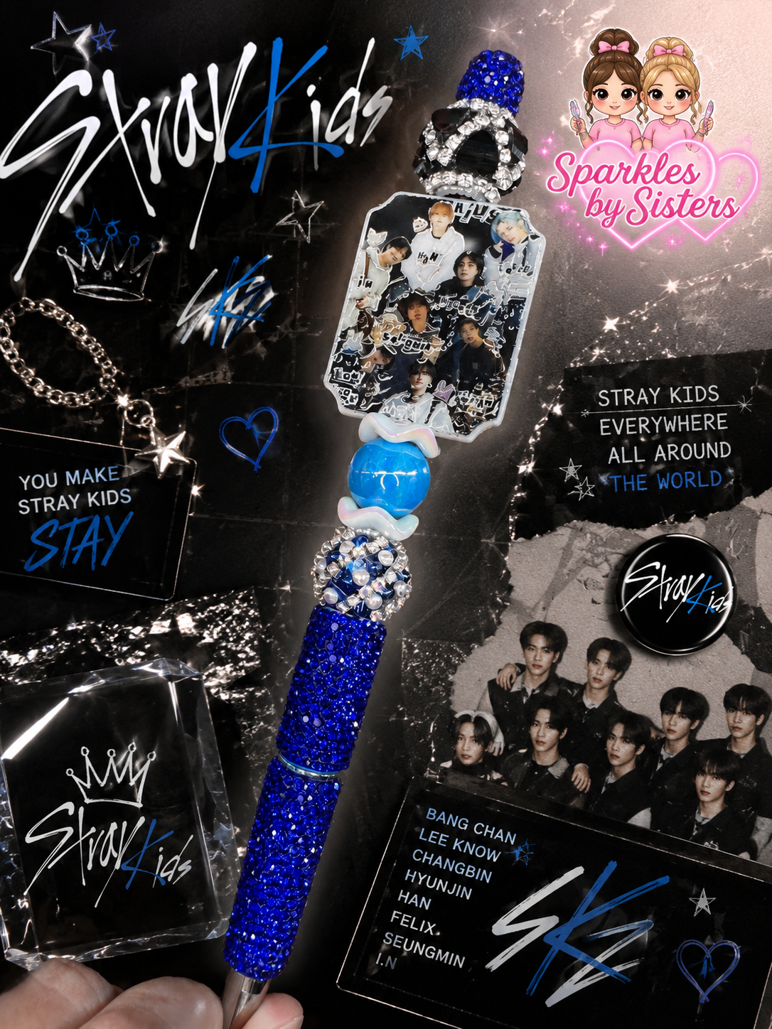 Stray Kids-Inspired Rhinestone Beaded Pen | Handmade K-Pop Character Pen