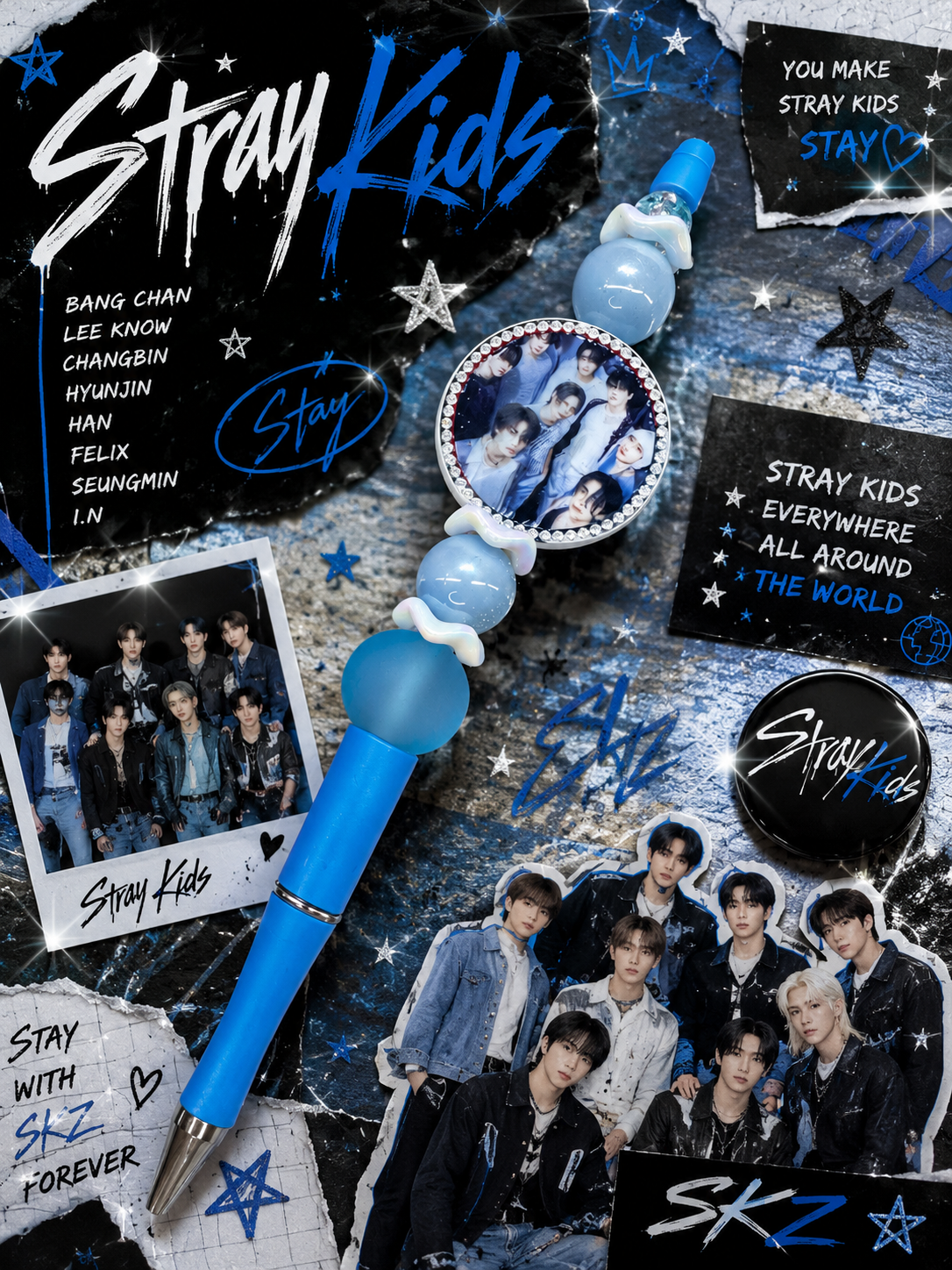 Stray Kids-Inspired Blue Beaded Pen | Handmade K-Pop Group Pen