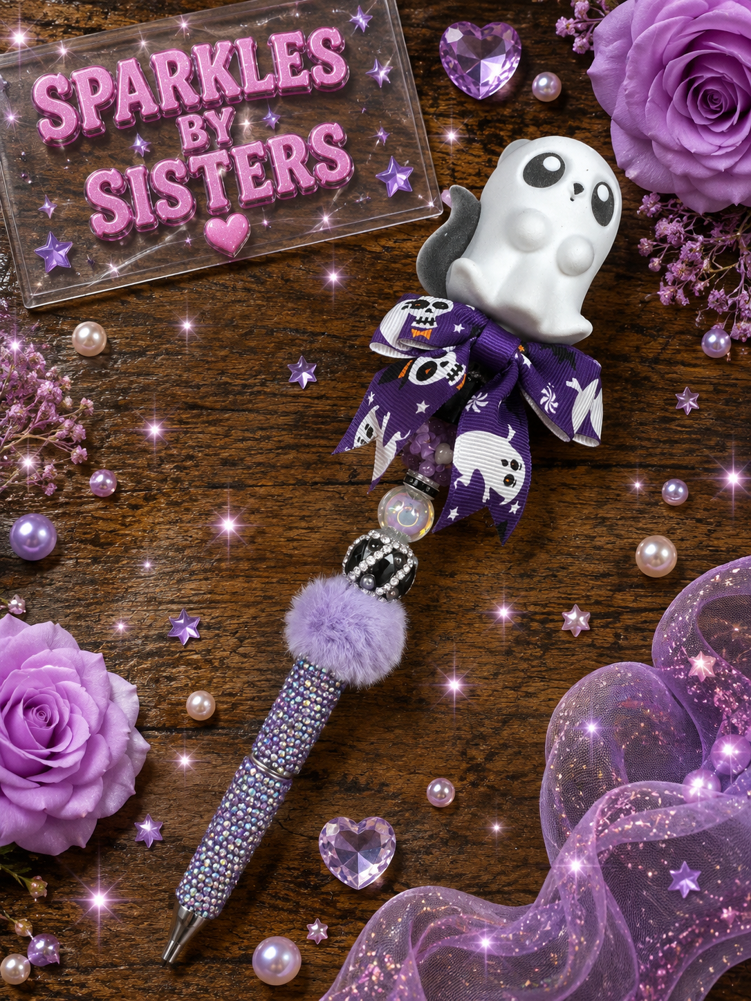Halloween Ghost & Pumpkin Rhinestone Beaded Pen | Handmade Spooky Season Pen