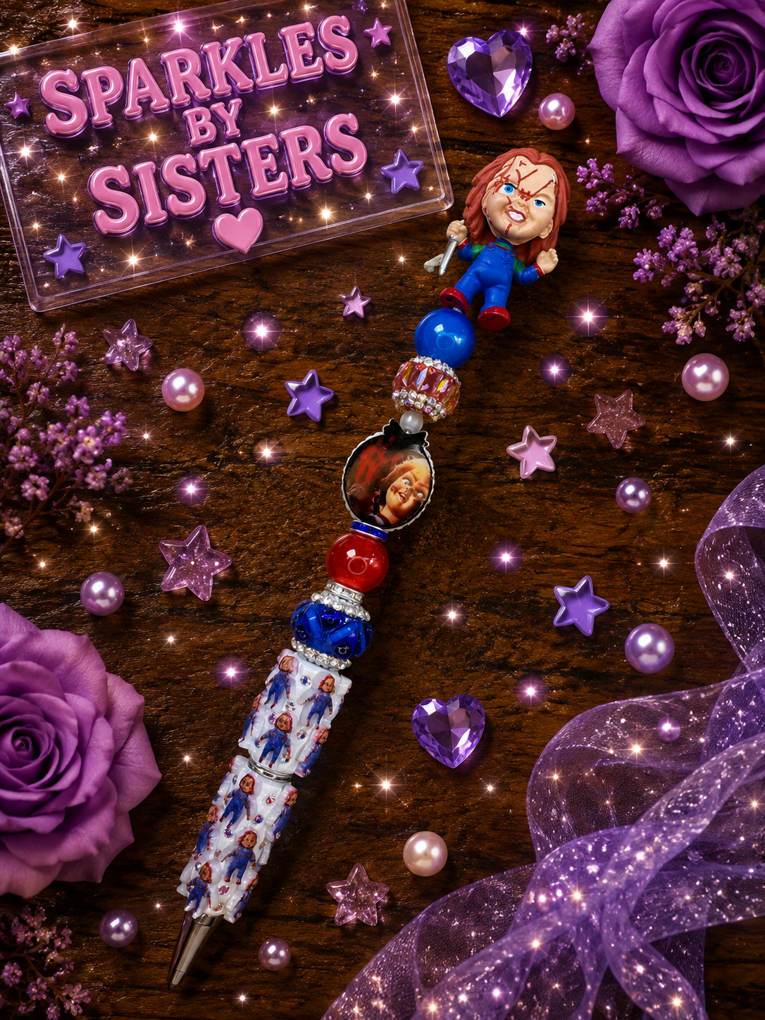 Chucky-Inspired Horror Rhinestone Beaded Pen | Handmade Halloween Character Pen
