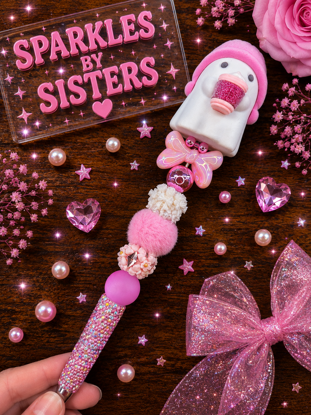 Pink Ghost Coffee Rhinestone Beaded Pen | Handmade Girly Spooky Pen