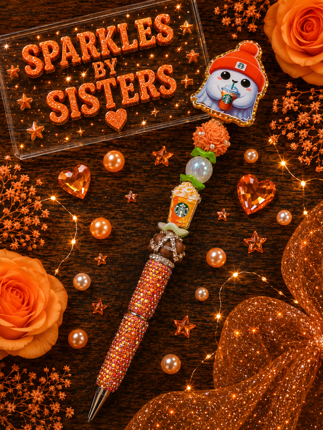 Starbucks Coffee Ghost Rhinestone Beaded Pen | Handmade Cozy Fall Pen