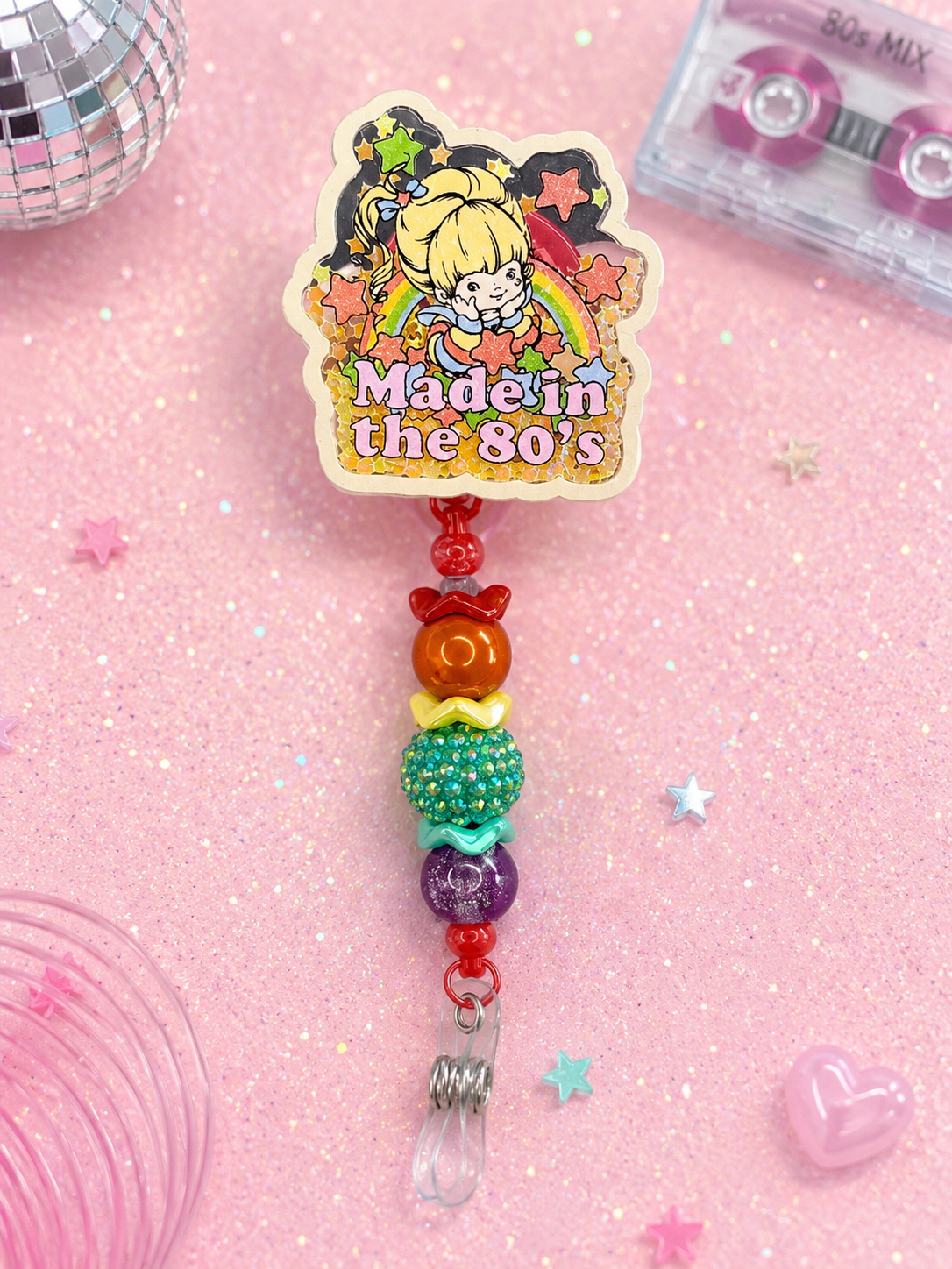 π Made in the 80βs Spinning Shaker Beaded Badge Reel