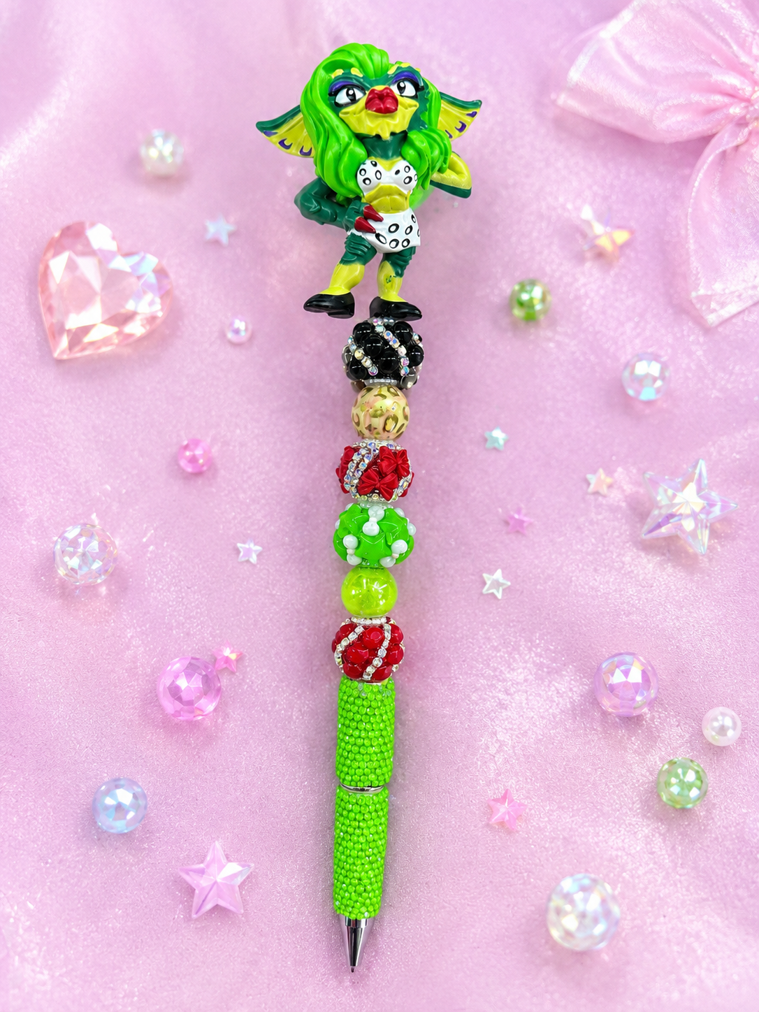 Greta Gremlin-Inspired Rhinestone Beaded Pen | Handmade Horror Character Pen