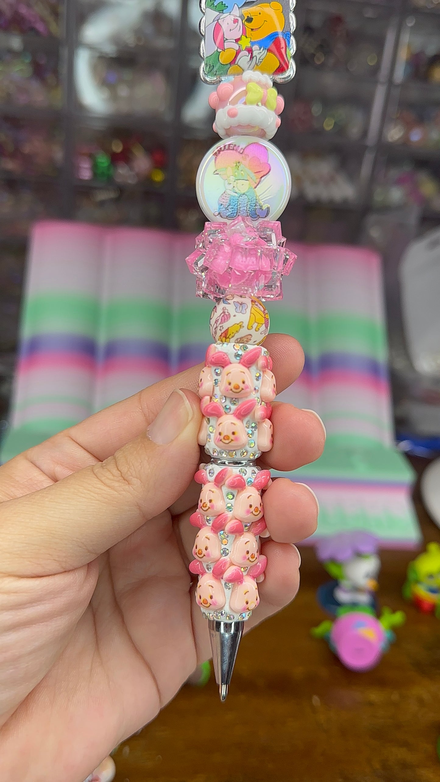 Piglet Inspired Charm Pen – Handmade Winnie the Pooh Pink Kawaii Pen with Topper & Extender (One of a Kind) $24