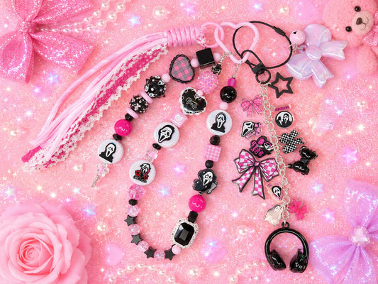 Pretty in Pink, Deadly Cute Scream Queen Purse Charm Set 🎀🖤📞