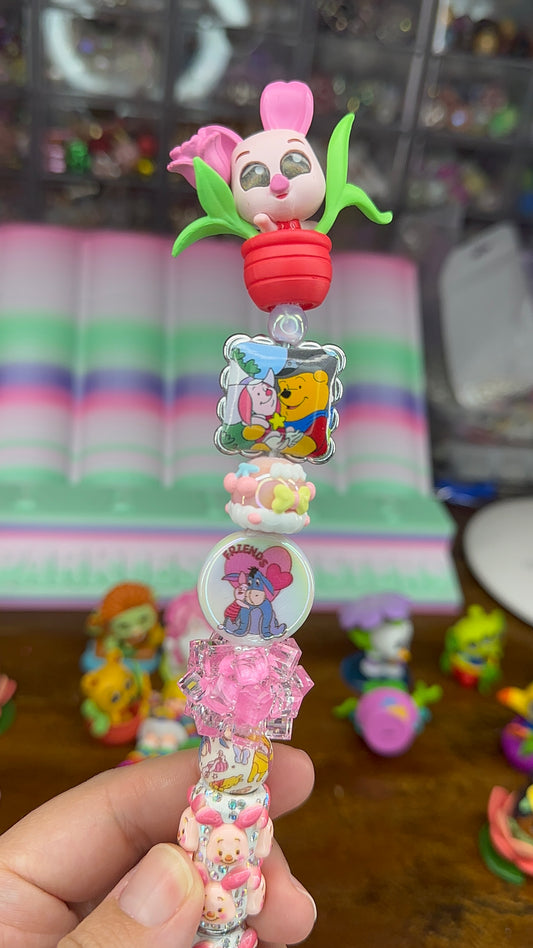 Piglet Inspired Charm Pen – Handmade Winnie the Pooh Pink Kawaii Pen with Topper & Extender (One of a Kind) $24