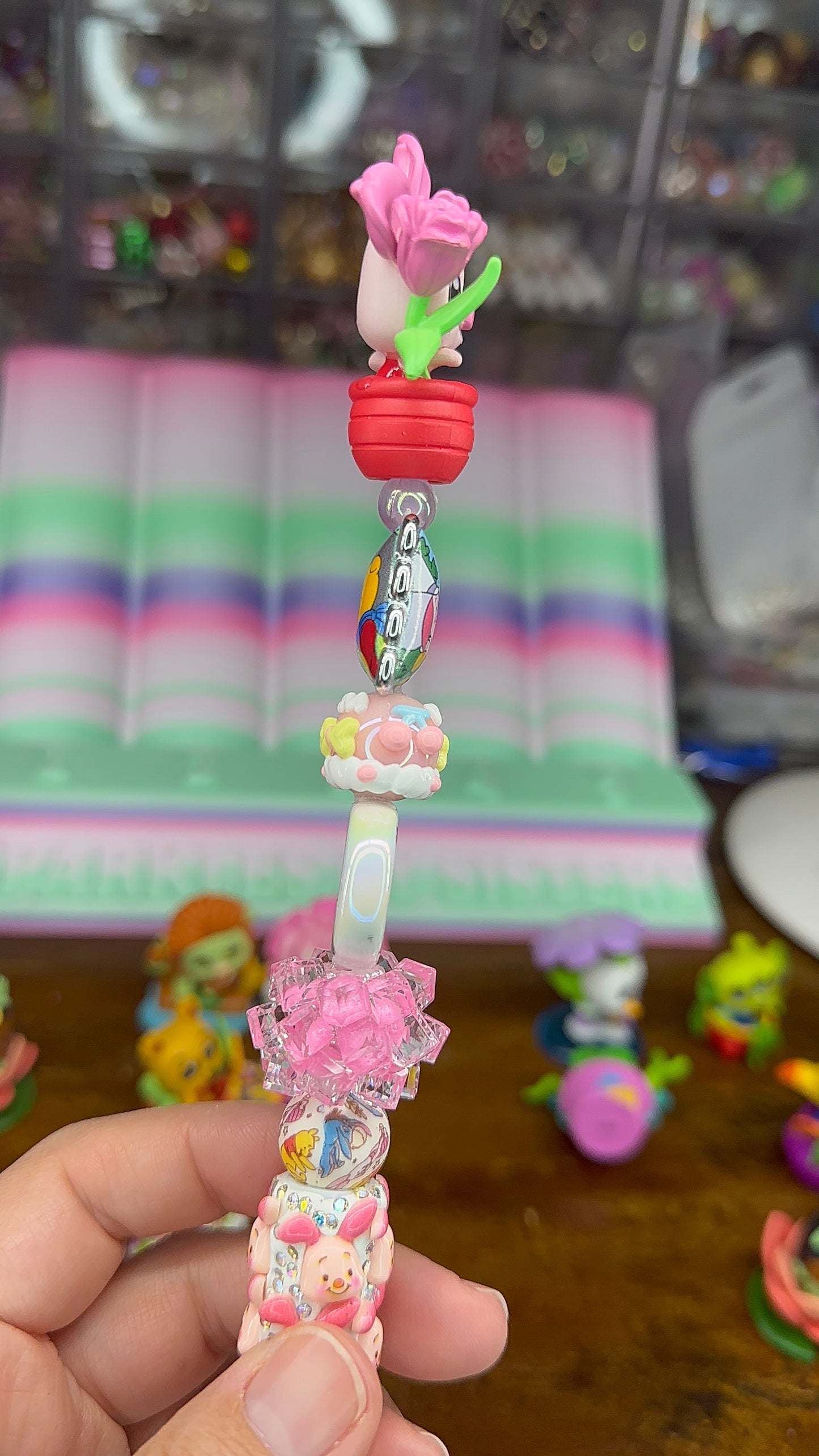 Piglet Inspired Charm Pen – Handmade Winnie the Pooh Pink Kawaii Pen with Topper & Extender (One of a Kind) $24