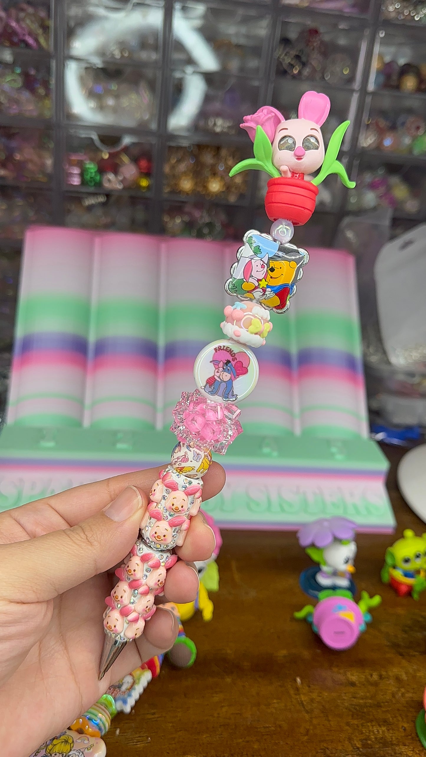 Piglet Inspired Charm Pen – Handmade Winnie the Pooh Pink Kawaii Pen with Topper & Extender (One of a Kind) $24