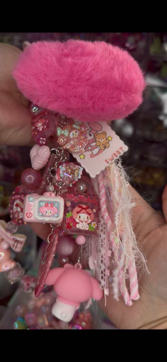 My Melody Pink Purse Charm – Loaded Beaded Bag Charm with Plush & Acrylic Dangles $42