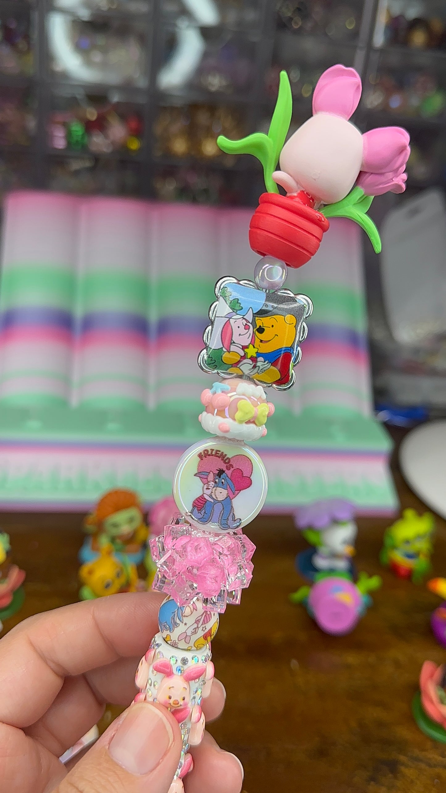 Piglet Inspired Charm Pen – Handmade Winnie the Pooh Pink Kawaii Pen with Topper & Extender (One of a Kind) $24