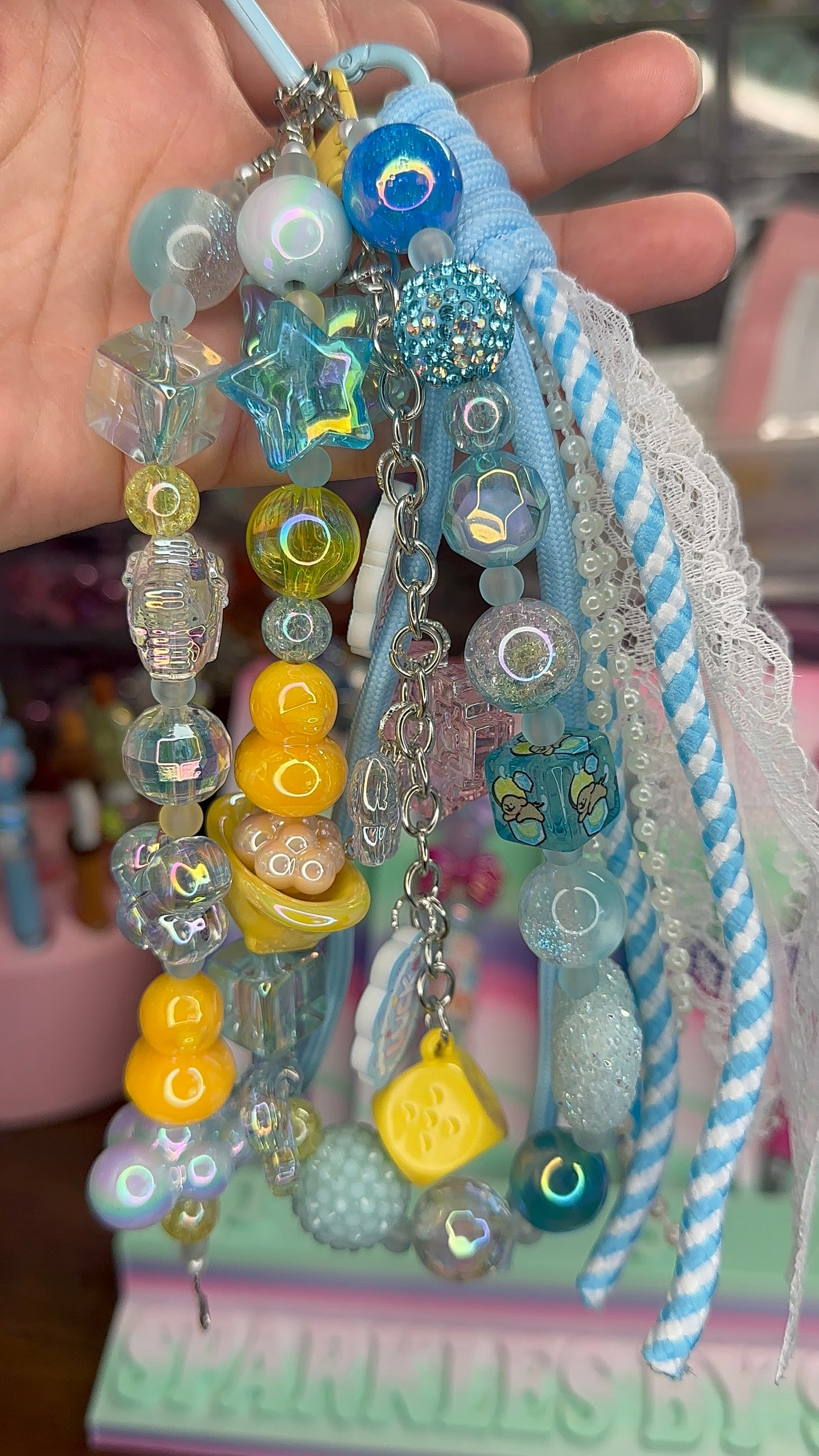 Dreamy Blue Beaded Bag Charm | Iridescent Duck & Bow Keychain $34