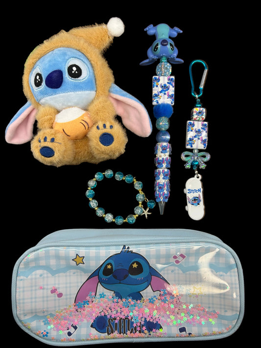Stitch Gift Bundle | Plush, Glitter Pencil Pouch, Handmade Pen, Keychain & Bracelet