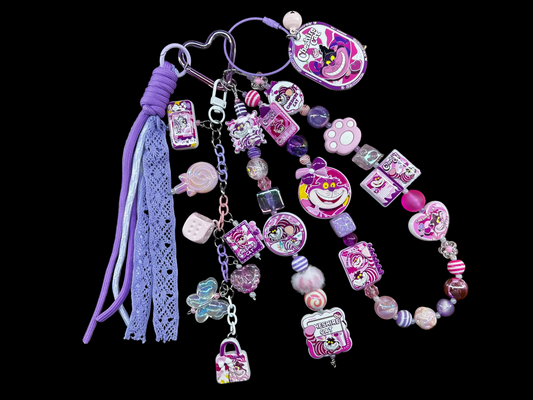 Cheshire Cat Inspired Deluxe Extra-Long Layered Purse Charm | Pink & Purple Beaded Bag Charm