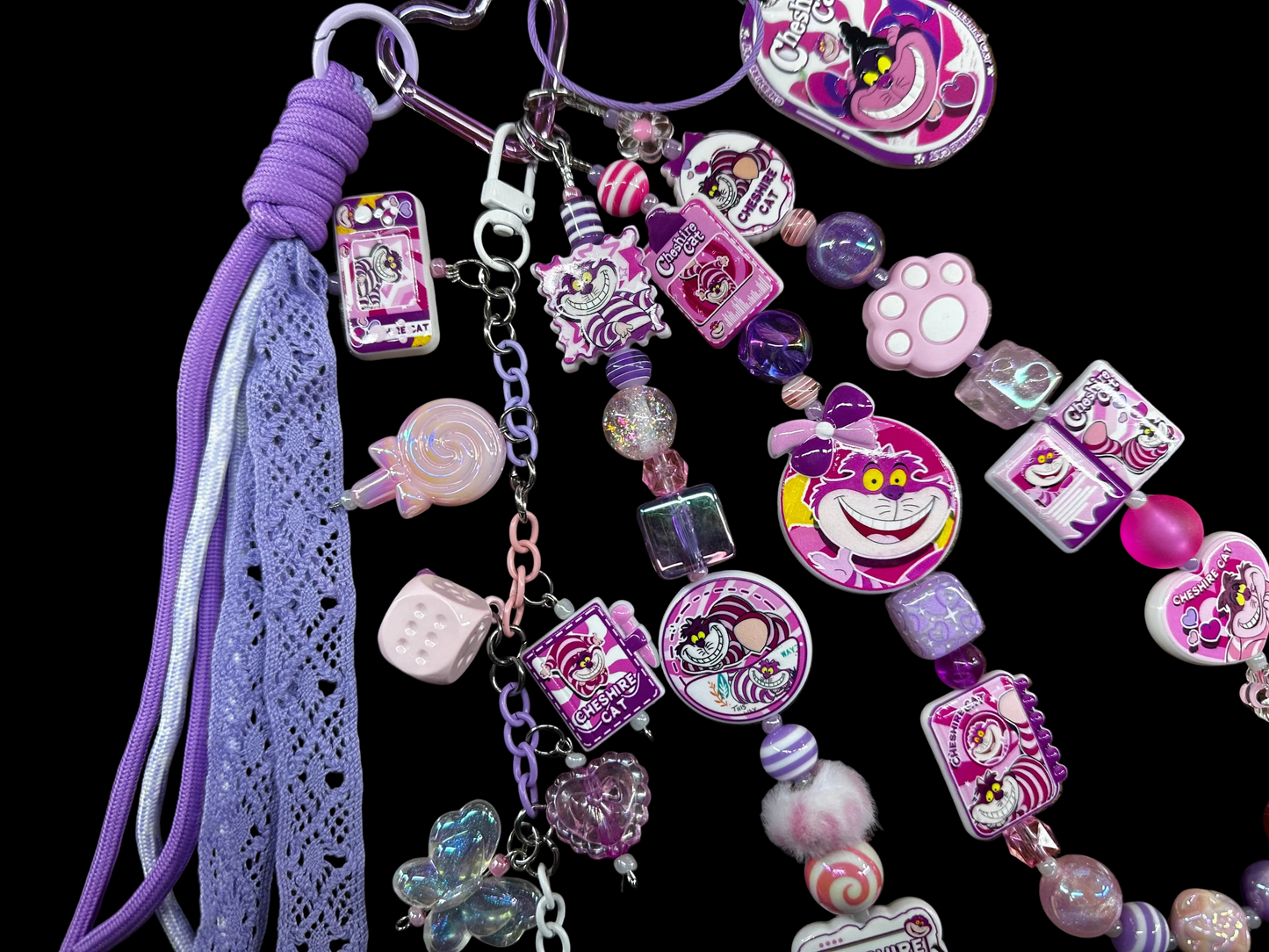 Cheshire Cat Inspired Deluxe Extra-Long Layered Purse Charm | Pink & Purple Beaded Bag Charm