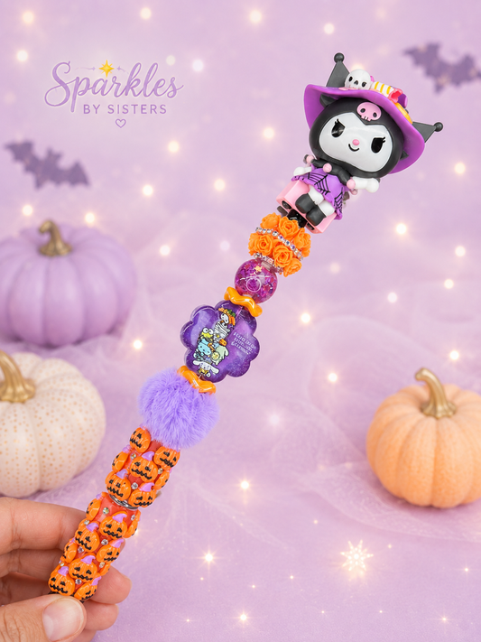 Kuromi Halloween-Inspired Rhinestone Pen | Pumpkin & Purple Spooky Beaded Pen