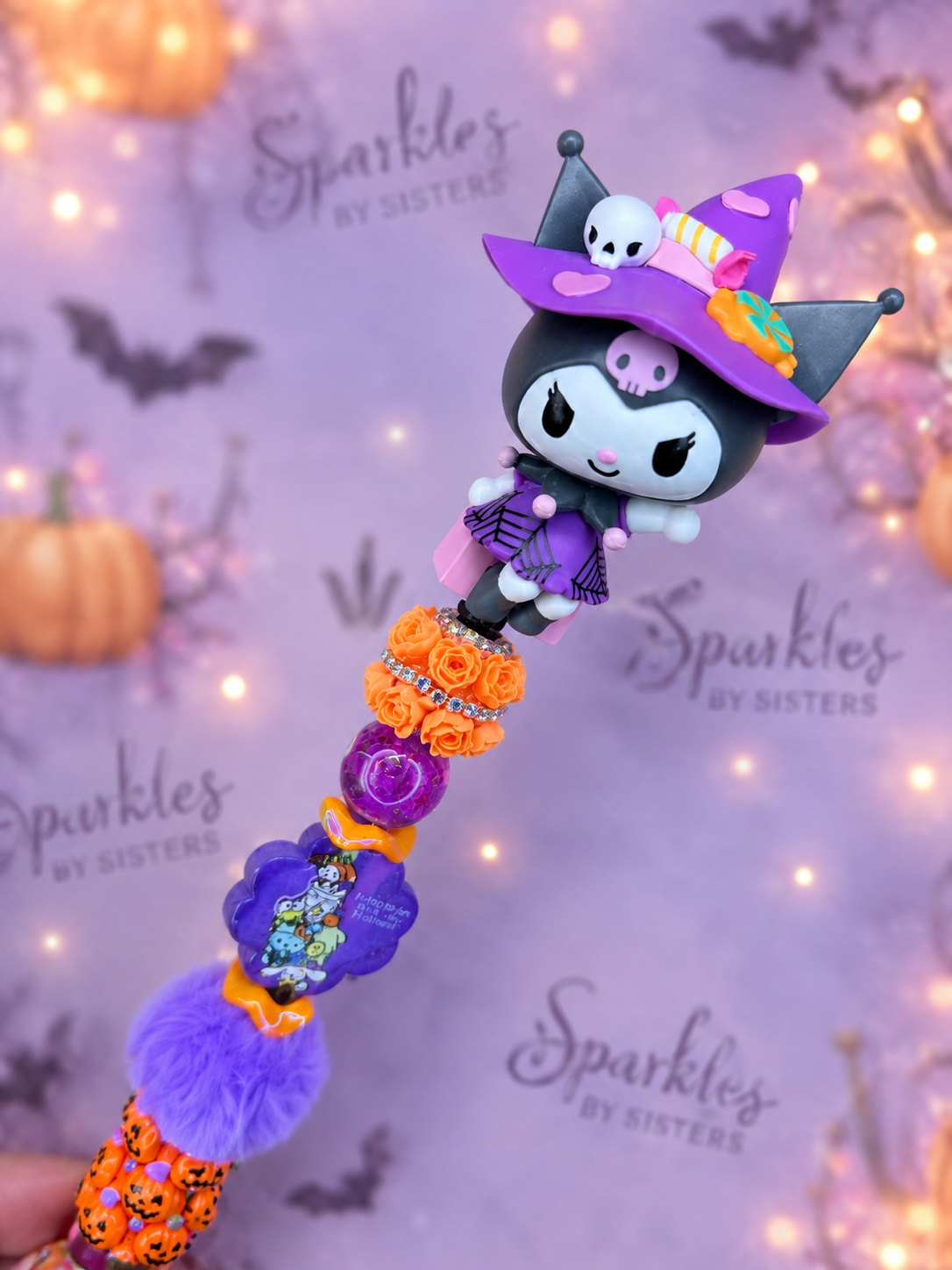 Kuromi Halloween-Inspired Rhinestone Pen | Pumpkin & Purple Spooky Beaded Pen