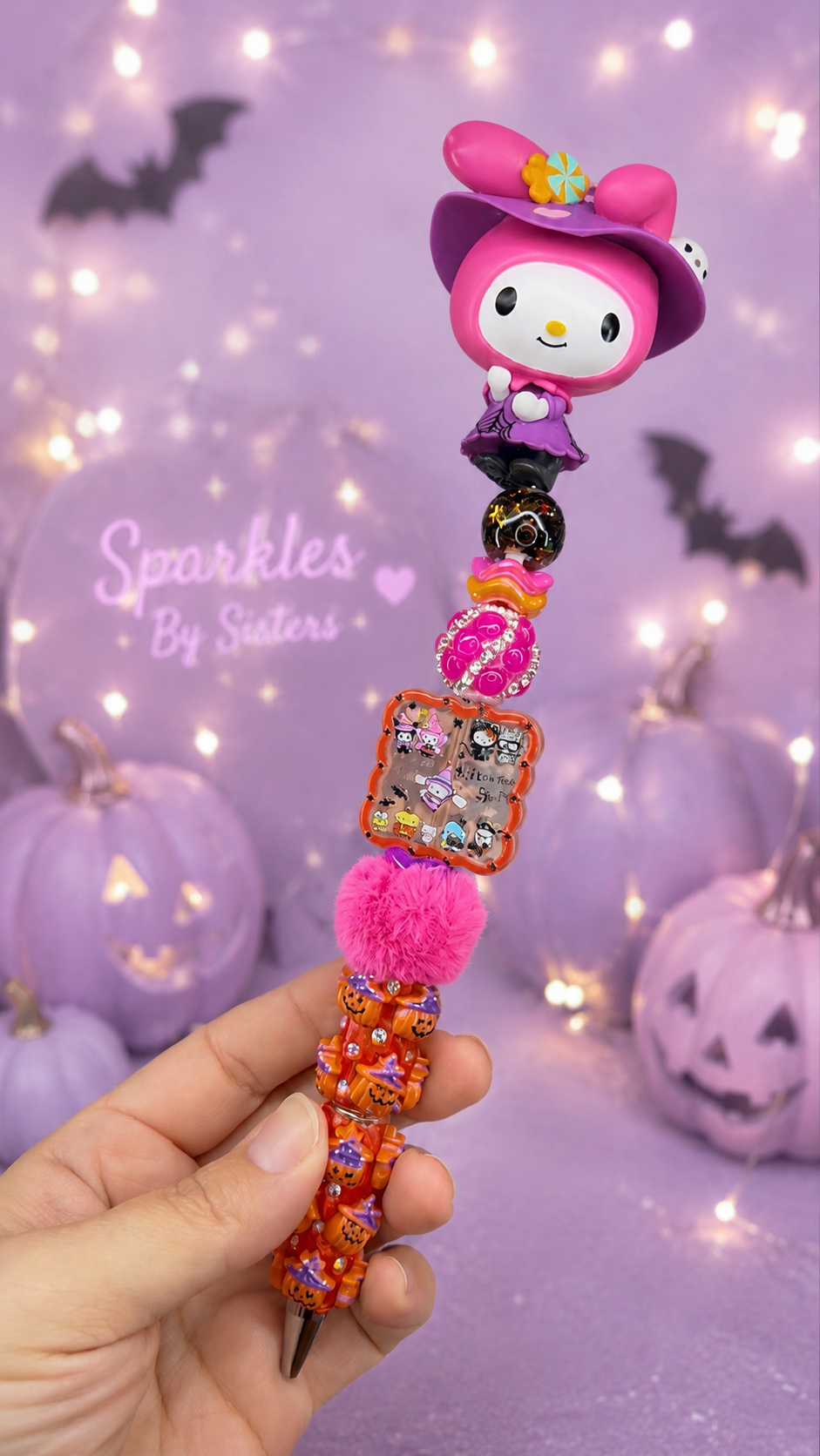 My Melody Halloween Witch Beaded Pen | Handmade Spooky Cute Rhinestone Pen