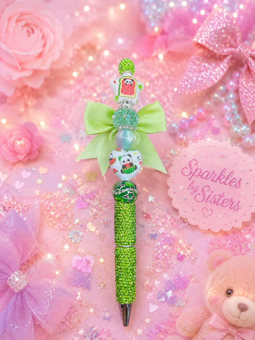 🐼 Watermelon Panda Bow Beaded Pen | Handmade Kawaii Glitter Pen | Sparkles by Sisters