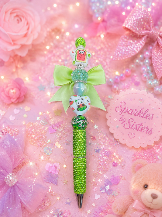 🐼 Watermelon Panda Bow Beaded Pen | Handmade Kawaii Glitter Pen | Sparkles by Sisters