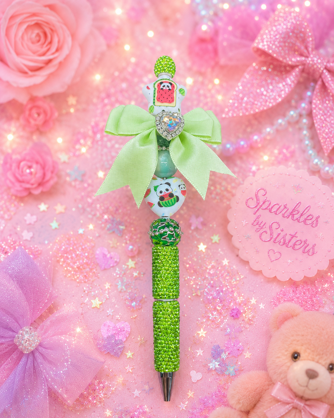 🐼 Watermelon Panda Bow Beaded Pen | Handmade Kawaii Glitter Pen | Sparkles by Sisters