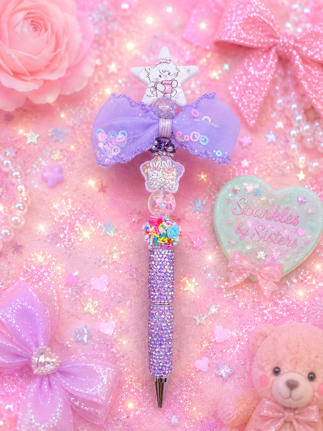 ⭐ Mikko Lavender Bunny Dreams Beaded Pen | Handmade Collectible Pen | Sparkles by Sisters