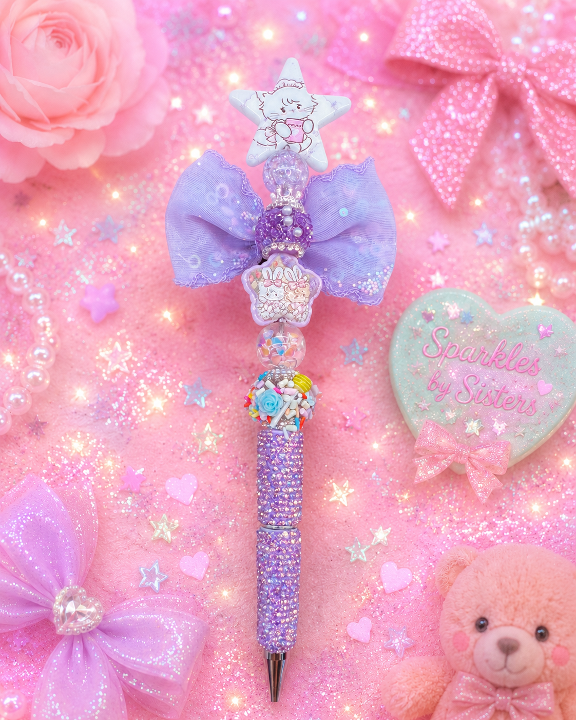 ⭐ Mikko Lavender Bunny Dreams Beaded Pen | Handmade Collectible Pen | Sparkles by Sisters