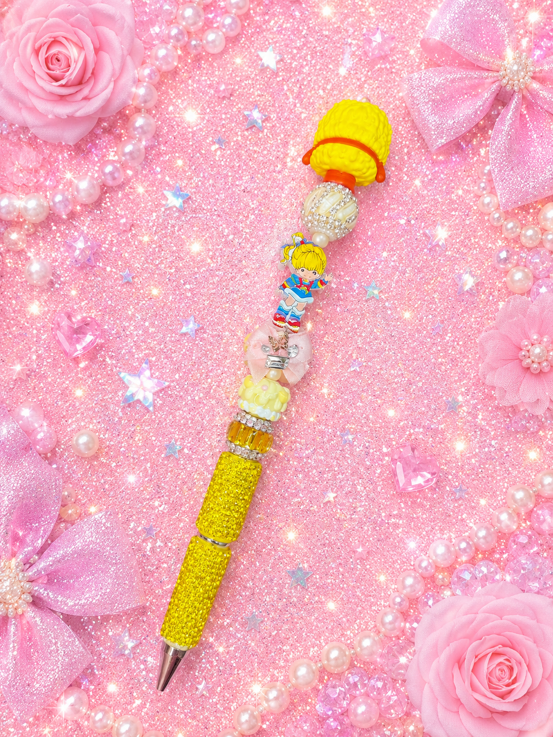 Rainbow Brite & Spark Sprite Yellow Rhinestone Beaded Pen | 80s Nostalgia Collectible Pen