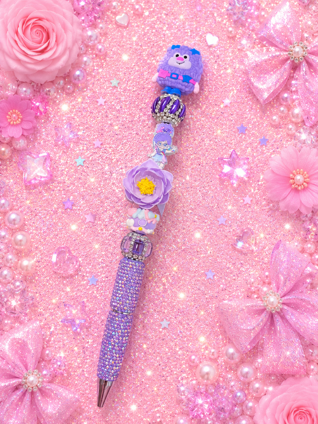 Shy Violet & IQ Sprite Rainbow Brite Rhinestone Beaded Pen | Purple 80s Nostalgia Pen