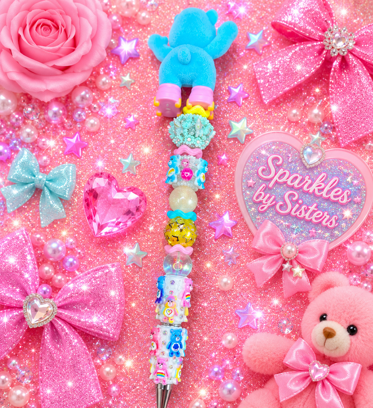 Bedtime Bear Roller Skating Care Bears Beaded Pen | Pastel Nostalgia Collector Pencil