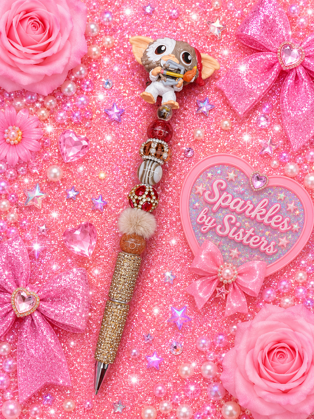 Gizmo Gremlins Handmade Beaded Pen | Cozy Brown & Red Rhinestone Collector Pen