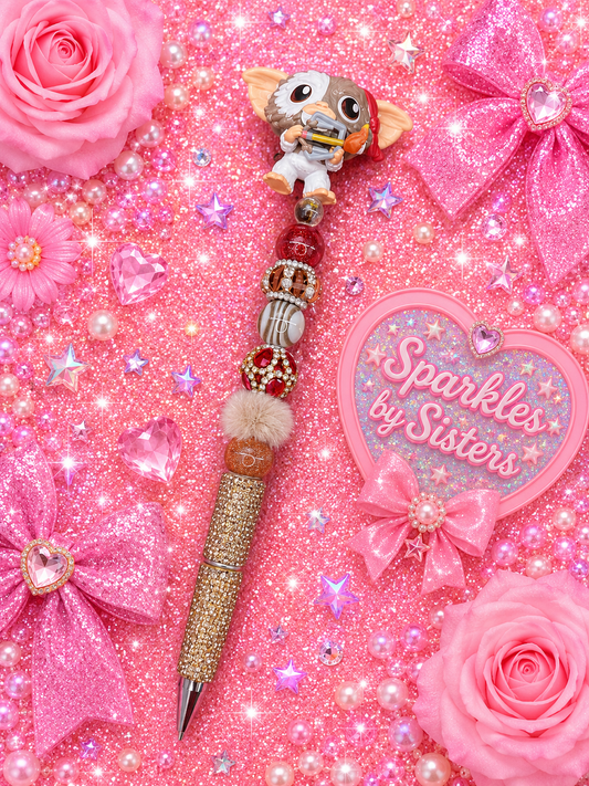 Gizmo Gremlins Handmade Beaded Pen | Cozy Brown & Red Rhinestone Collector Pen