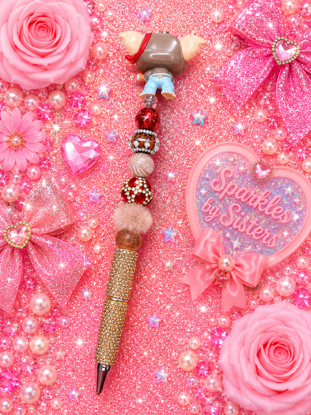 Gizmo Gremlins Handmade Beaded Pen | Cozy Brown & Red Rhinestone Collector Pen