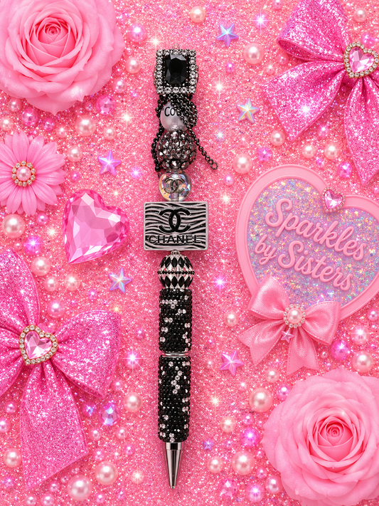 Black & Silver Designer-Inspired Glam Beaded Pen | Luxury Fashion Sparkle Statement Pen