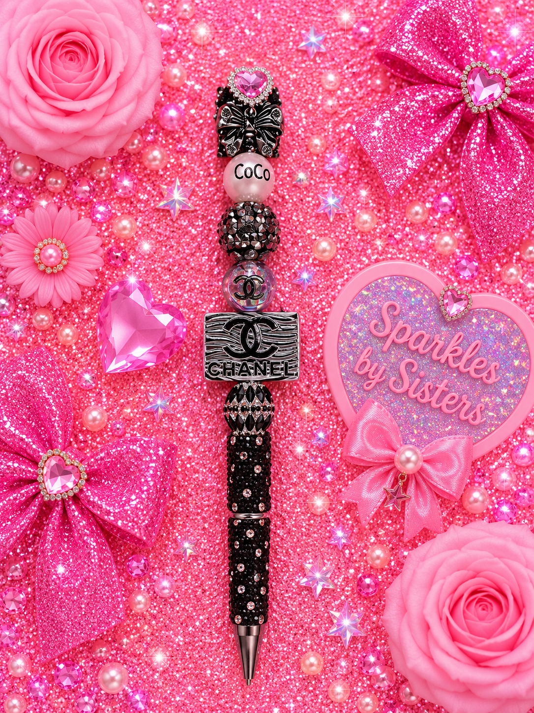 Black & Silver Designer-Inspired Glam Beaded Pen | Luxury Fashion Sparkle Statement Pen