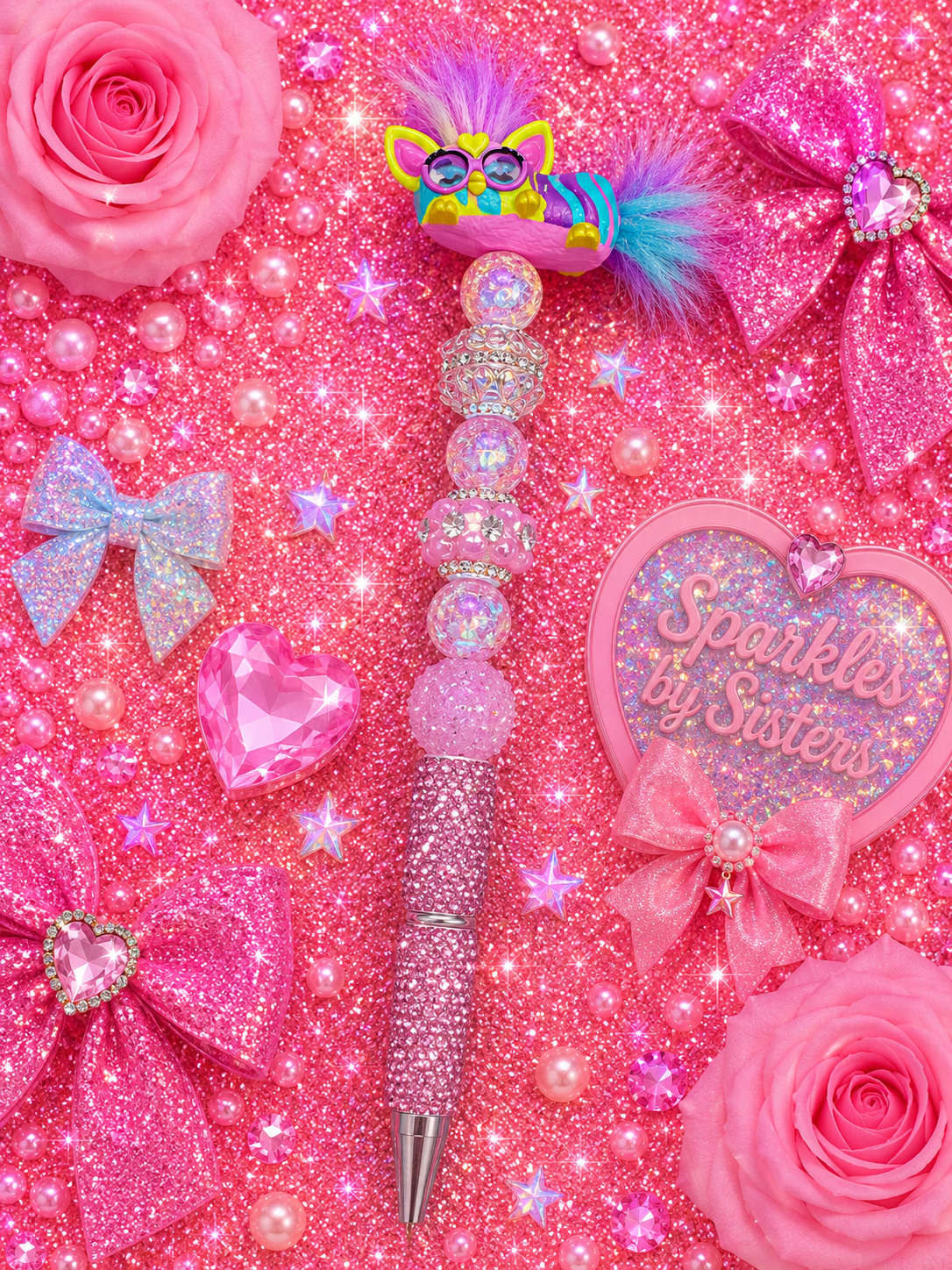 Vintage Furby Handmade Beaded Pen | Pastel Pink 90s Nostalgia Sparkle Pen