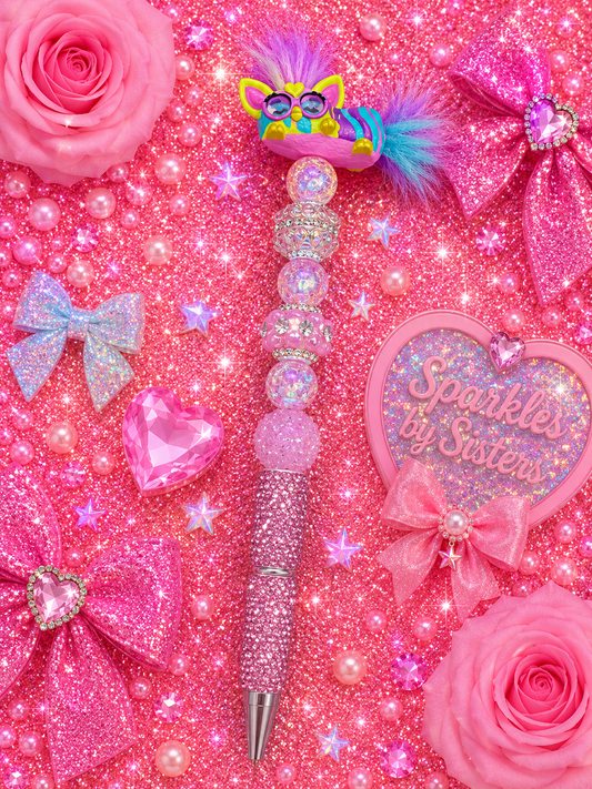 Vintage Furby Handmade Beaded Pen | Pastel Pink 90s Nostalgia Sparkle Pen