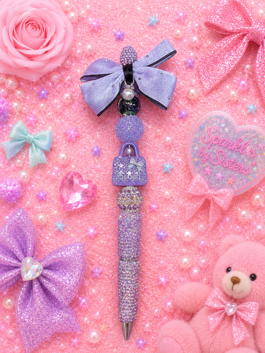 Purple Designer-Inspired Glam Chanel Inspired Beaded Pen | Luxury Handbag & Bow Sparkle Pen